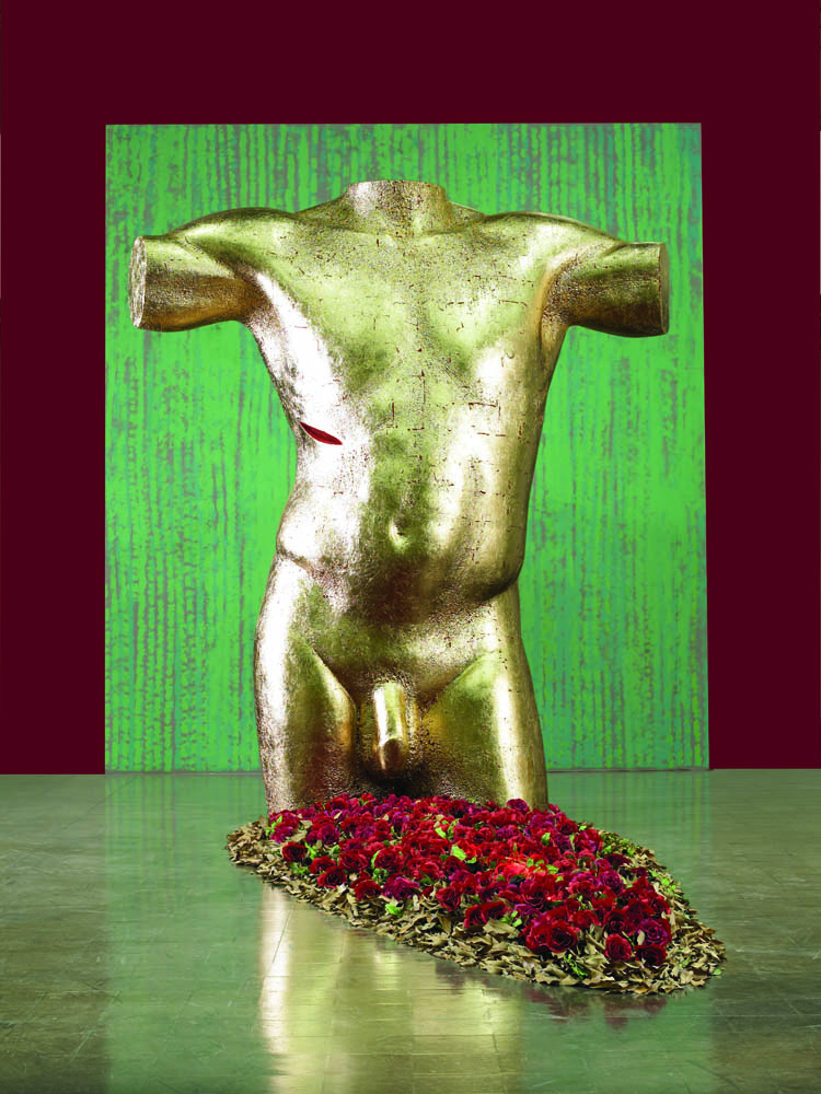 BODY AND BLOOD OF CHRIST, 2004, imitation gold leaf, styrofoam, roses, neon light, 10’