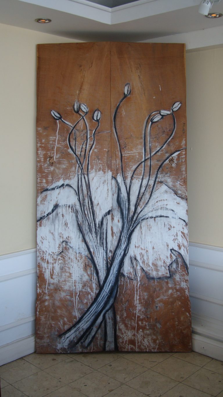 SOLANDRA DEBSIO (intoxicate), 2009, paint, charcoal, cedar panels, 103” x 50” (SOLD)