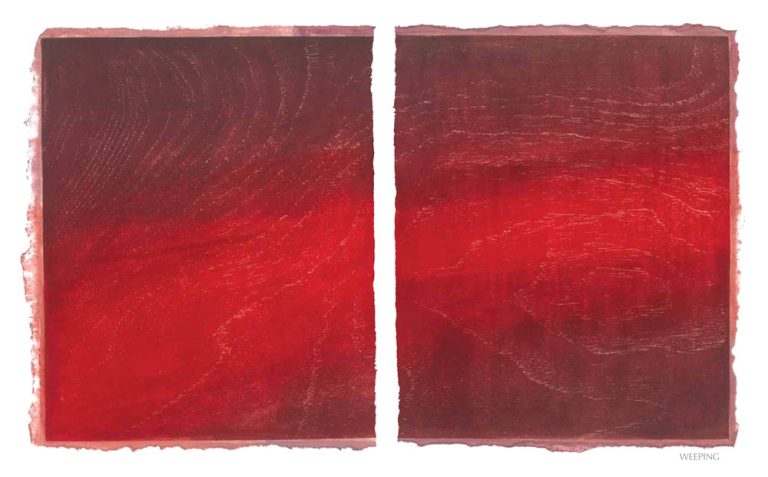 WEEPING, 2012, wood block print, 1 of 9 diptych prints on Kitikata paper, 10” x 8