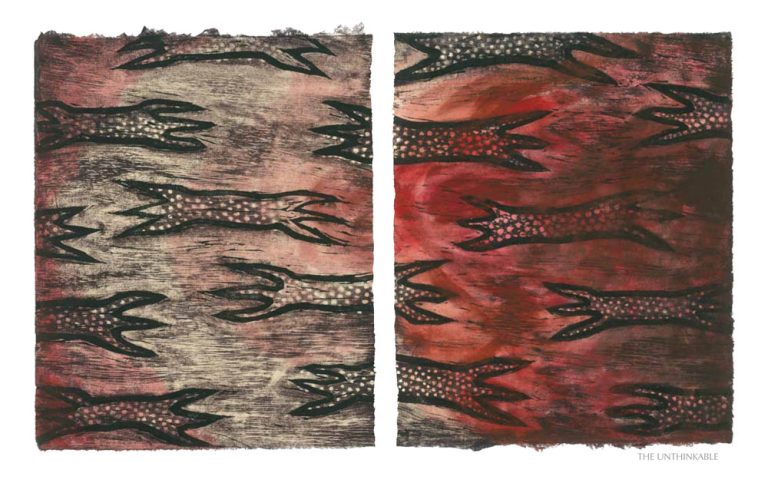 THE UNTHINKABLE, 2012, wood block print, 2 of 9 diptych prints on Kitikata paper, 10” x 8