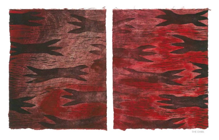 THE DARK, 2012, wood block print, 3 of 9 diptych prints on Kitikata paper, 10” x 8