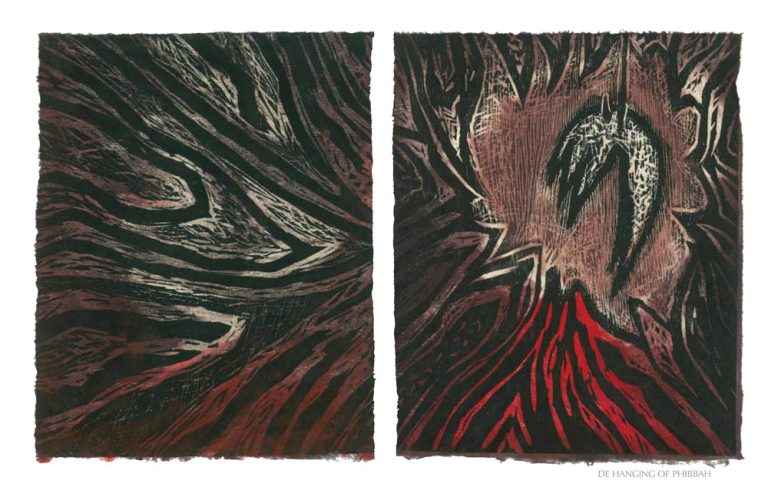 DE HANGIN OF PHIBBAH, 2012, wood block print, 4 of 9 diptych prints on Kitikata paper, 10” x 8