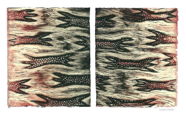 GOING HOME, 2012, wood block print, 9 of 9 diptych prints on Kitikata paper, 10” x 8