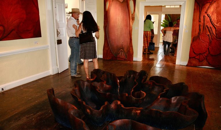 Foreground: BLUE ROSE, cedar, 8’ x 8’ Background: BANANA PETAL, 2008, cedar, 98” x 54”  POINCIANA BLOSSOMS, 2008, cedar, 98” x 54”