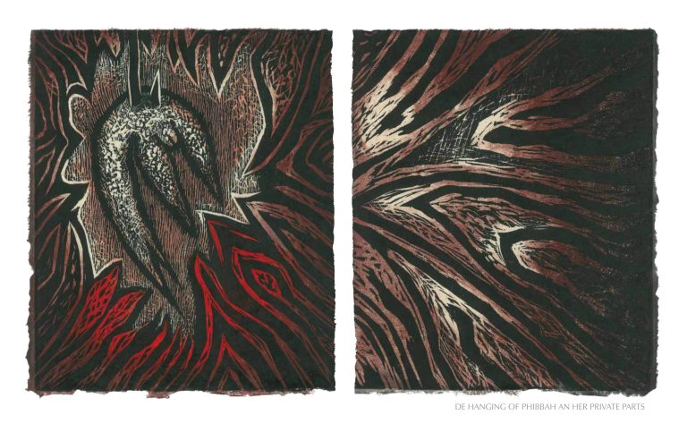 DE HANGIN OF PHIBBAH’S PRIVATE PARTS, 2012, woodblock print, 1 of 9 diptych prints on Kitikata paper, 10 x 8