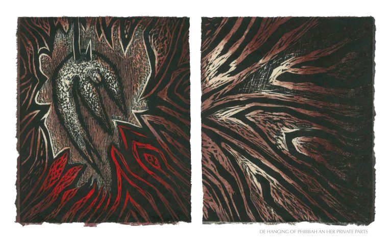 DE HANGIN OF PHIBBAH’S PRIVATE PARTS, 2012, wood block print, 5 of 9 diptych prints on Kitikata paper, 10” x 8