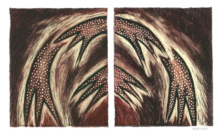 MORE LIGHT, 2012, wood block print, 8 of 9 diptych prints on Kitikata paper, 10” x 8