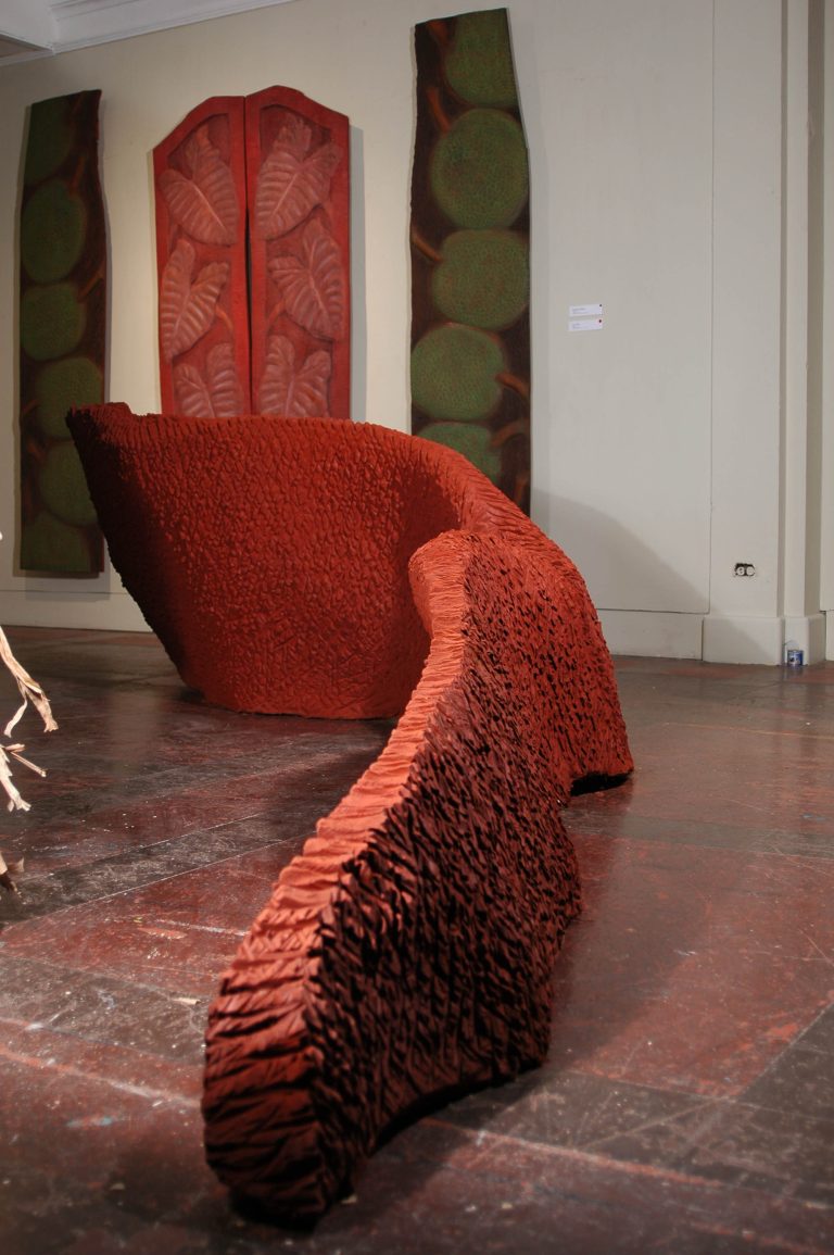 Foreground: ROOTS, 2006, | Background: BREADFRUIT AND COCO WALK, 2006, cedar, 48” x 94” x 1¼”