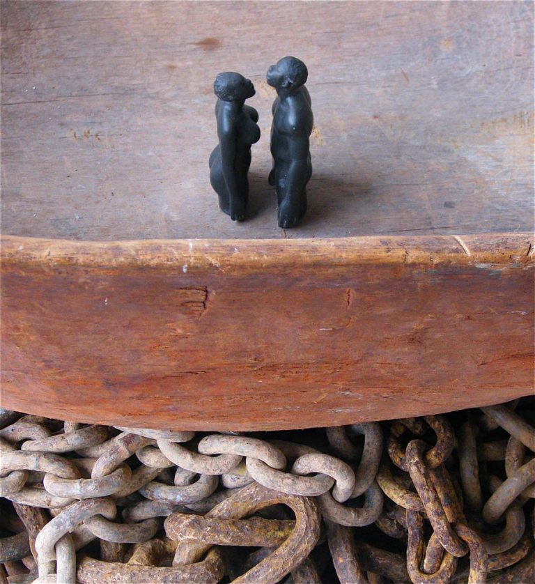 I AM CLEAN, 2007, cedar, chains, resin miniatures