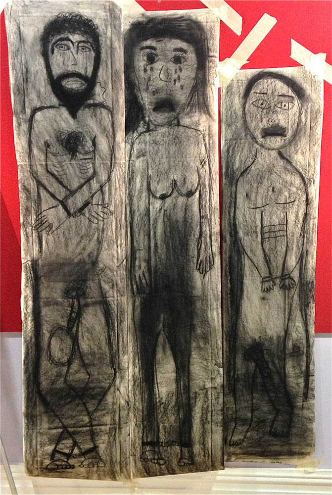 Drawings of Imagined African family in their allotted spaces on a ship — man 6’ 6” x 16”, woman 5’ 10” x 16”, girl 4’ x 12”