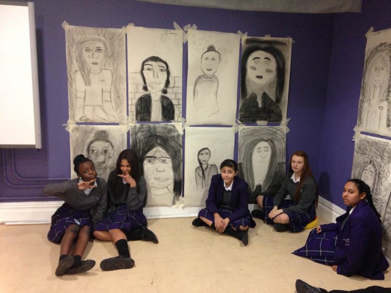 School Children with their drawings at INTERNATIONAL SLAVERY MUSEUM at a drawing workshop done by Laura Facey