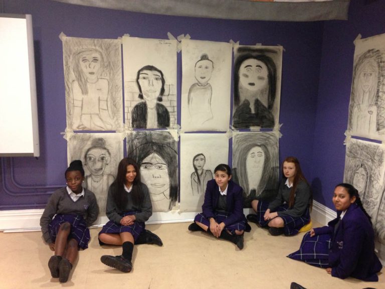 School Children with their drawings at INTERNATIONAL SLAVERY MUSEUM at a drawing workshop done by Laura Facey