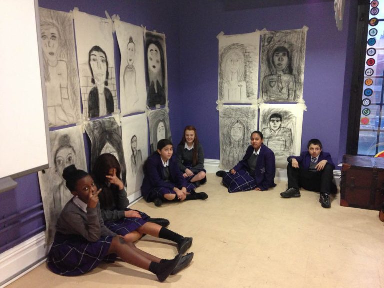 School Children with their drawings at INTERNATIONAL SLAVERY MUSEUM at a drawing workshop done by Laura Facey